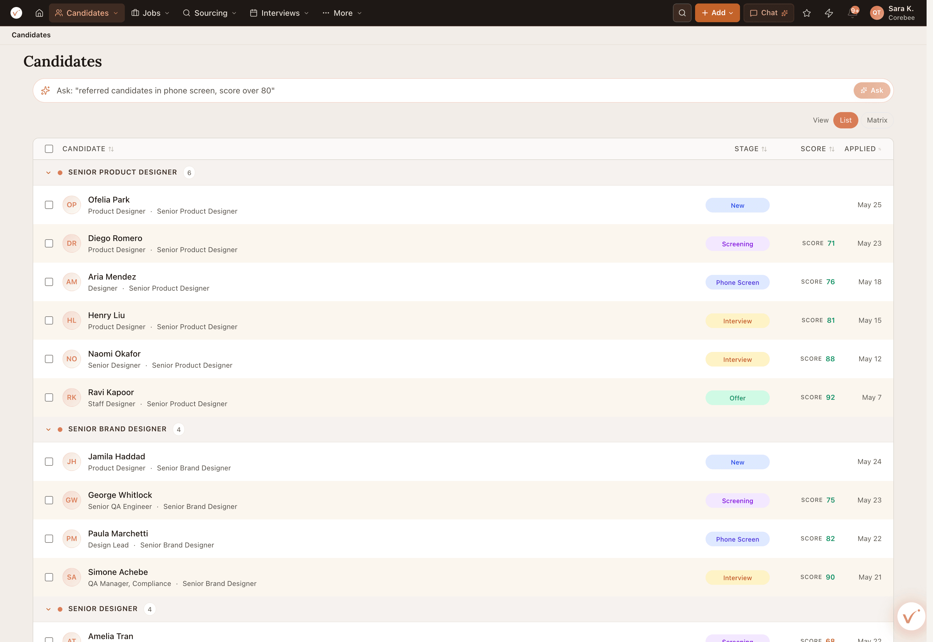 VScout candidates list ranked by AI score with stages