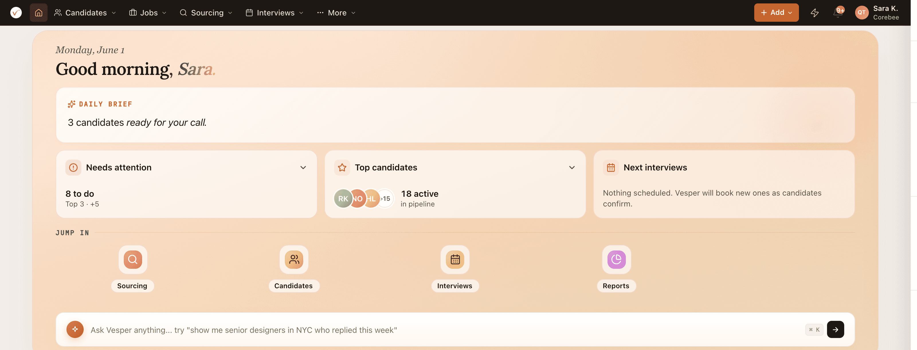 VScout home with the daily brief, attention cards, and quick-jump tiles